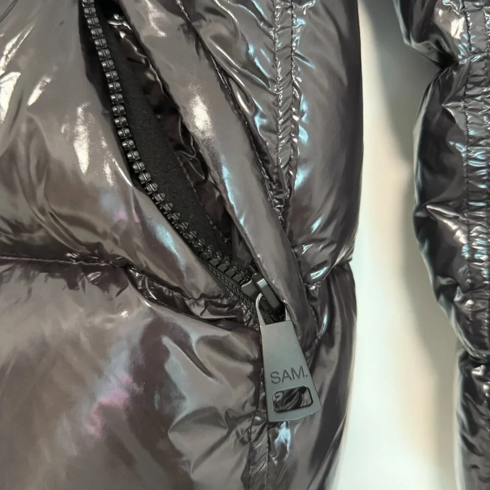 SAM. New York Glossy Down Puffer Jacket L Black/Charcoal | $395 Retail - Picture 6 of 10